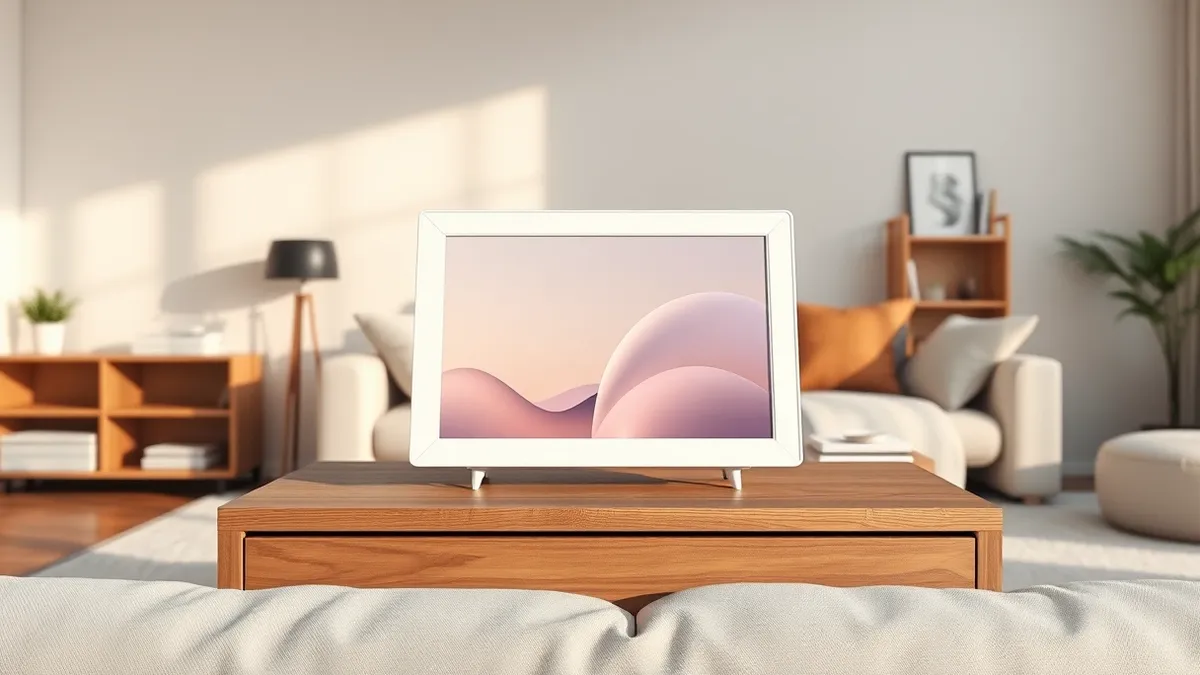 Illustration: A sleek white digital photo frame sits on a wooden side table, its seven-inch screen displaying soft abstract pastel shapes.