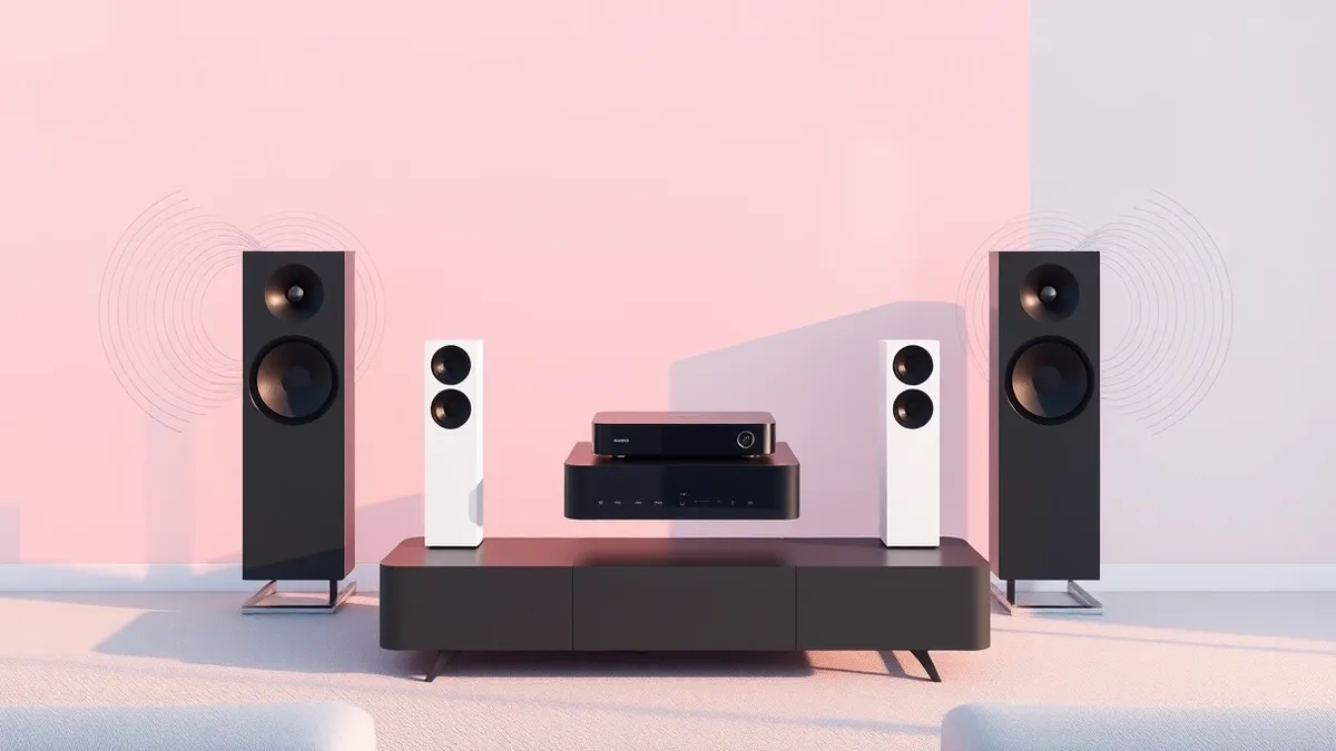 Illustration: A sleek black streaming box sits on a dark media console, positioned centrally between two tall white smart speakers and two smaller satellite units.