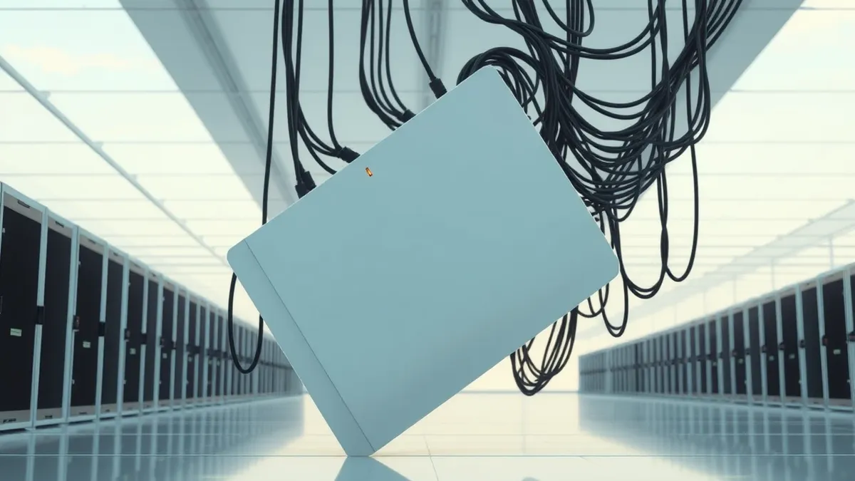 Illustration: A sleek, white server blade tilts slightly in a sterile data hall as amber warning lights pulse along its edge.