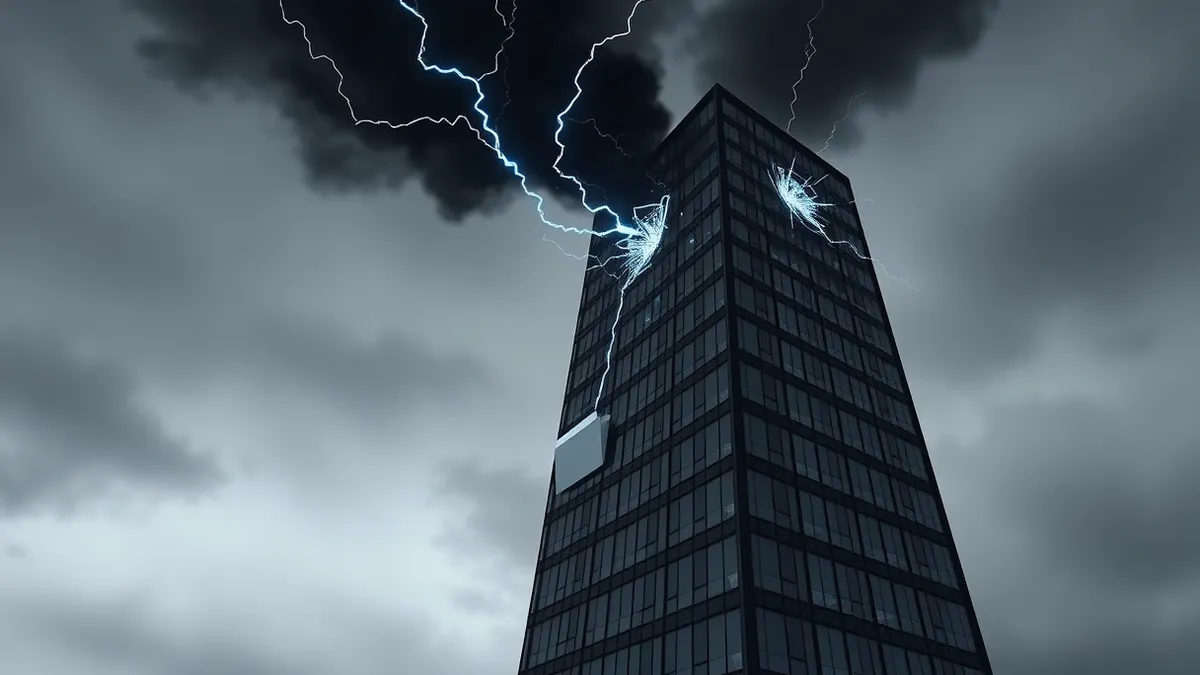Illustration: A sleek black office tower stands isolated against a stormy grey sky.