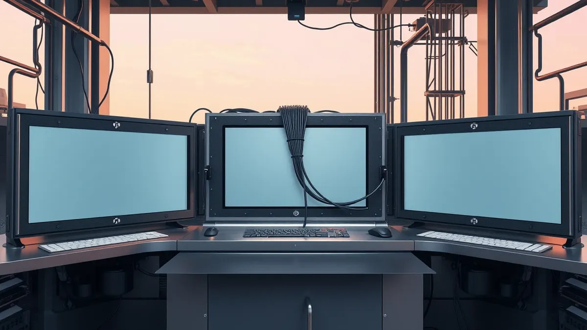 Illustration: An industrial control panel with blank screens sits inside a factory.