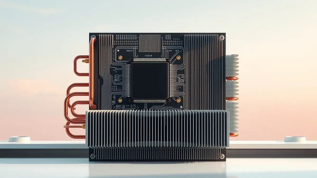 Illustration: A large rectangular circuit board with a central black square processor sits on a clean white laboratory bench.