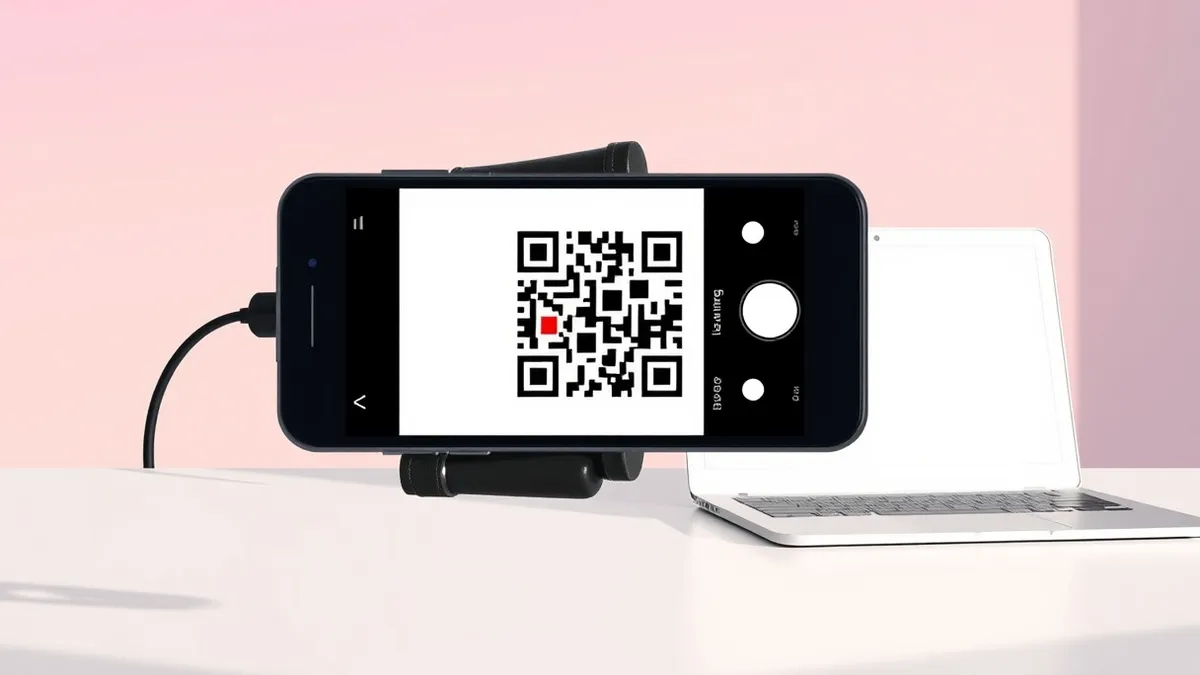 Illustration: A smartphone camera frame overlays a generic QR code printed on a white surface.