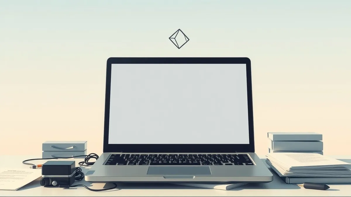 Illustration: A sleek laptop sits on a cluttered desk with its screen displaying a blank browser window.
