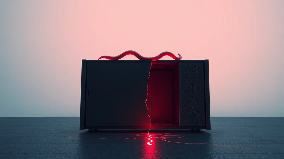 Illustration: A glowing red worm slides across a blank server chassis, slipping through a cracked metal panel.