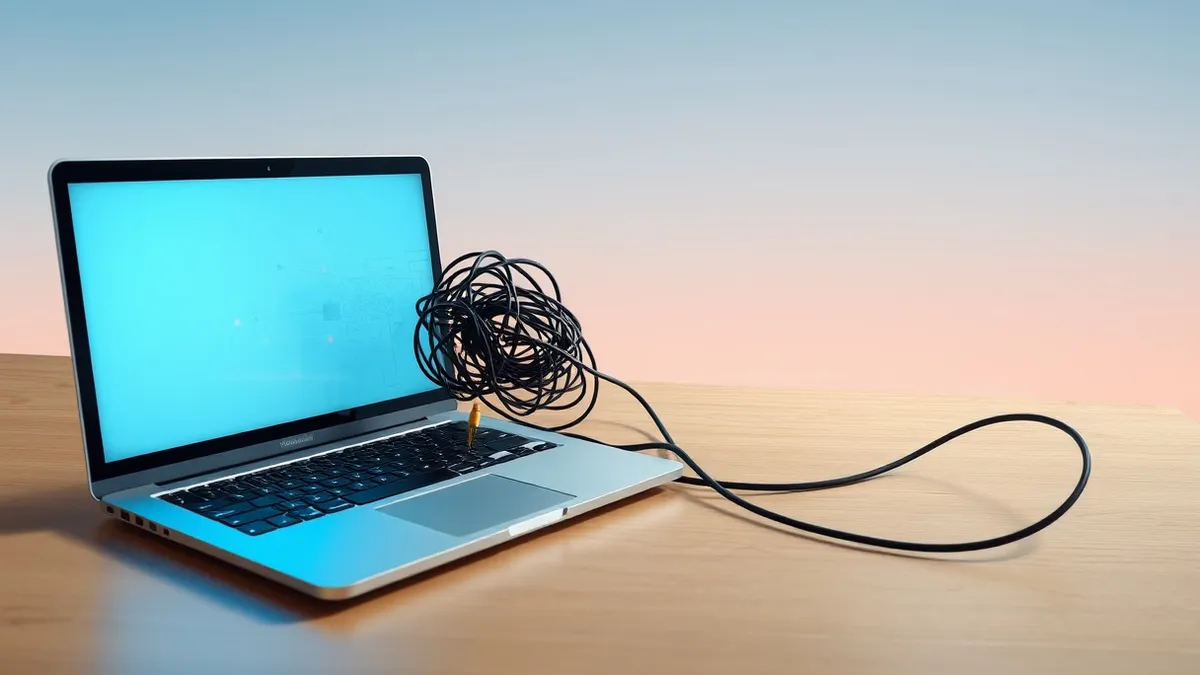 Illustration: A sleek silver laptop sits on a wooden desk with its screen displaying a clean, abstract interface of scanning nodes.