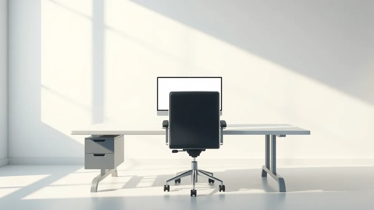 Illustration: A single empty office chair sits before a clean, minimalist desk in a quiet workspace.