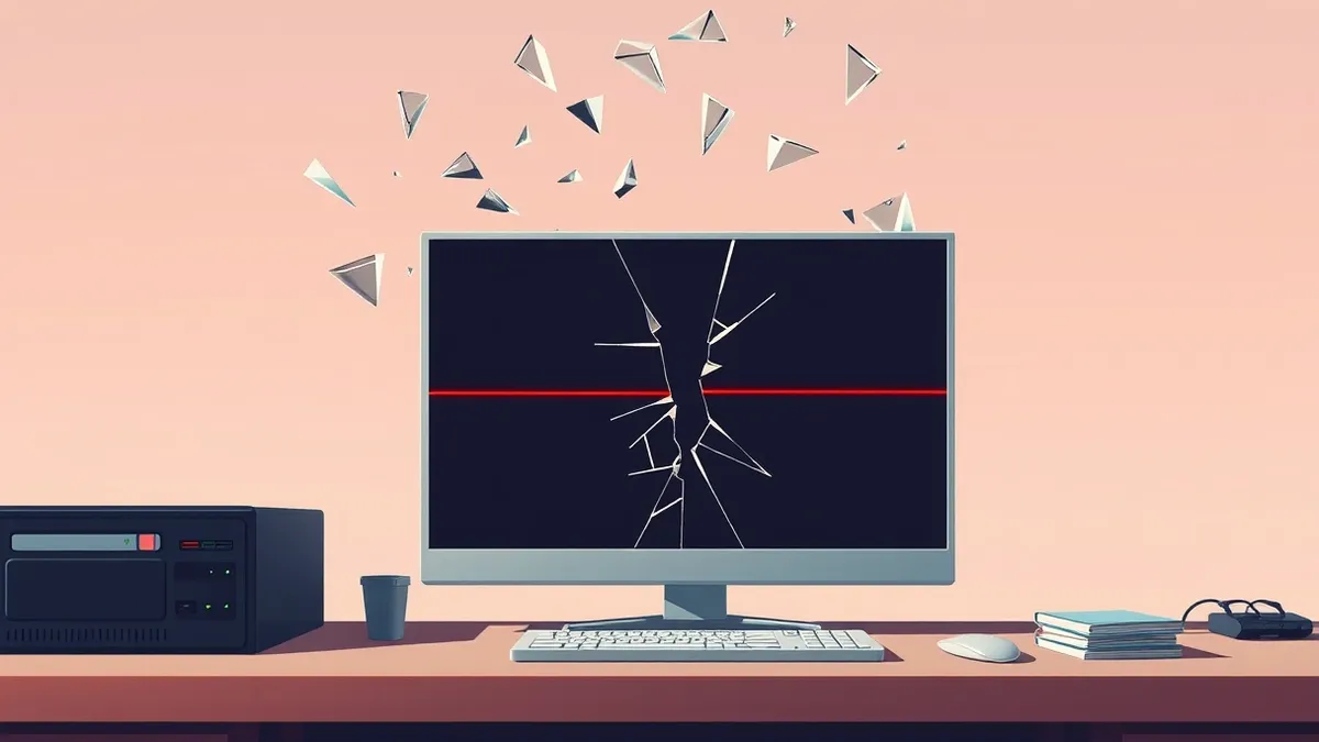 Illustration: A cracked server terminal sits on a desk, its screen displaying jagged red error lines against a dark background.