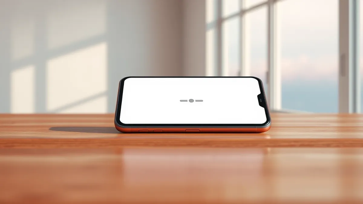 Illustration: A modern smartphone rests on a wooden table, its screen displaying a blank white interface with a single grey loading spinner in the center.