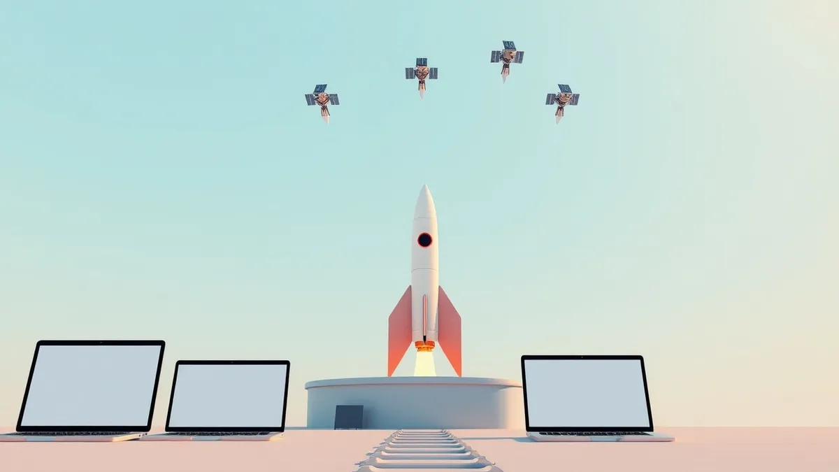 Illustration: A sleek white rocket stands on a launchpad, its engines glowing orange as it lifts off into a clear blue sky.