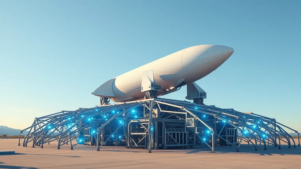 Illustration: A sleek white rocket ship rests on a launchpad under a clear blue sky, its surface gleaming with polished metal.