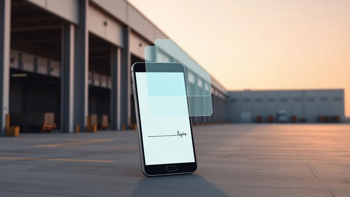 Illustration: A generic smartphone displays a blank digital signature line against the backdrop of a large industrial warehouse with loading docks.
