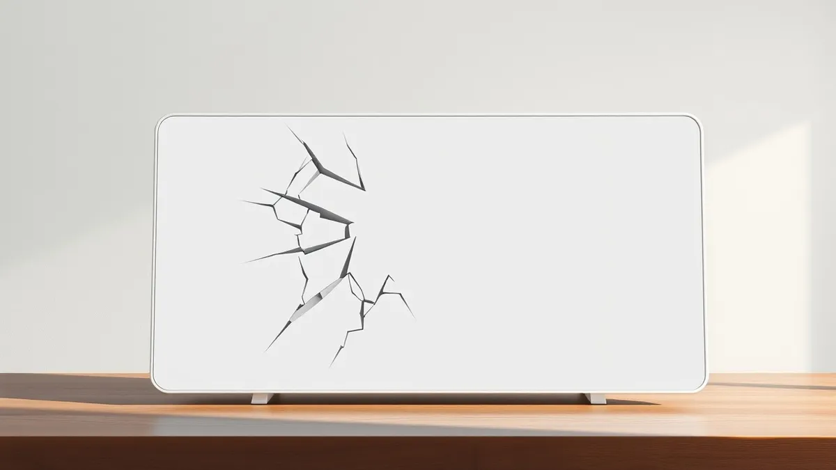 Illustration: A sleek white smart home control panel sits on a wooden table, its blank screen reflecting a cracked, jagged digital fissure spreading across the glossy surface.