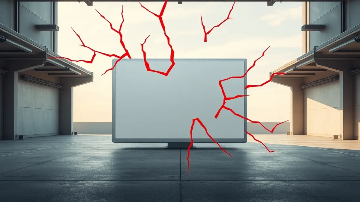 Illustration: A sleek white vehicle fleet management terminal sits on a concrete garage floor, its blank screen reflecting harsh overhead lights.