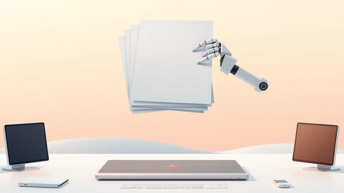 Illustration: A floating stack of blank paper documents hovers above a smooth, abstract digital interface.