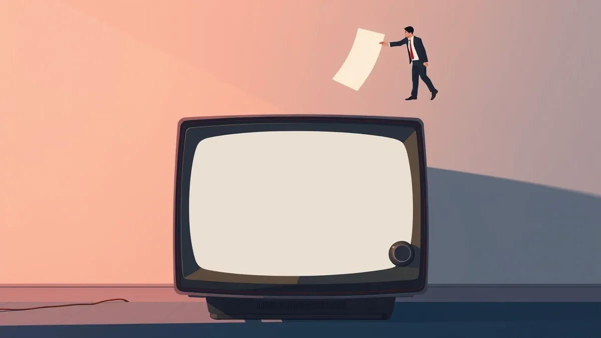Illustration: A vintage television set sits in a dimly lit room while a single sheet of paper drifts from its screen into the hands of a distant advertiser.
