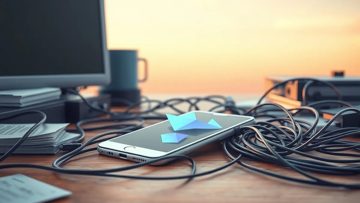 Illustration: A sleek white smartphone rests on a cluttered wooden desk, its screen displaying abstract geometric shapes that pulse with soft blue light.