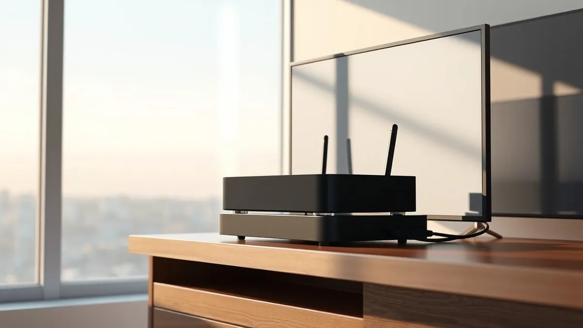 Illustration: A sleek black streaming media box sits on a wooden shelf beside a large flat-screen television.