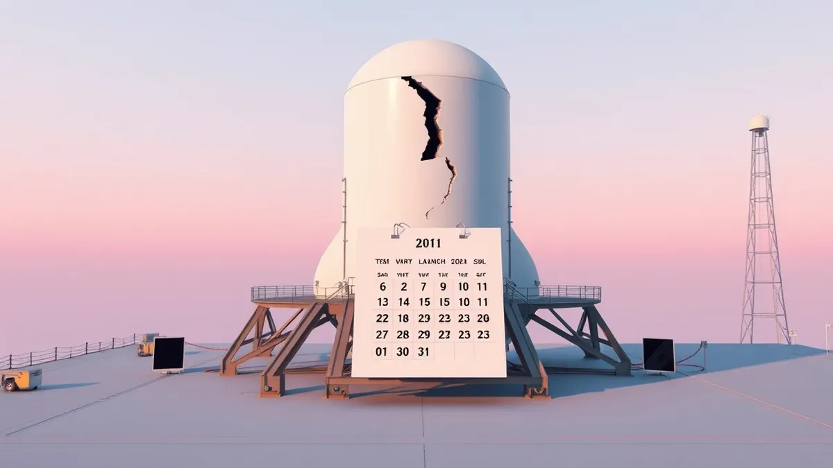 Illustration: A sleek white rocket stands upright on a launch pad, its smooth carbon-composite tank dome split by a jagged crack that reveals dark internal voids, while a shadow of