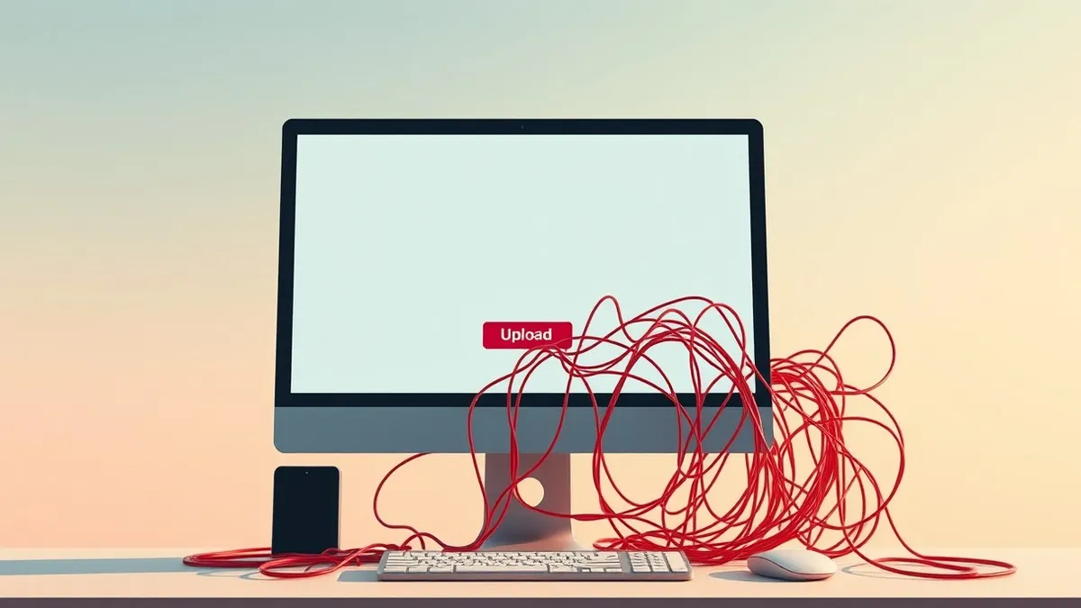 Illustration: A sleek desktop monitor displays a blank web interface with a single prominent upload button.
