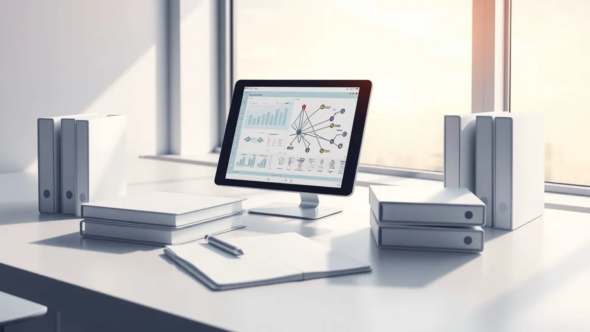 Illustration: A modern office desk holds a tablet displaying abstract network diagrams and flowcharts.