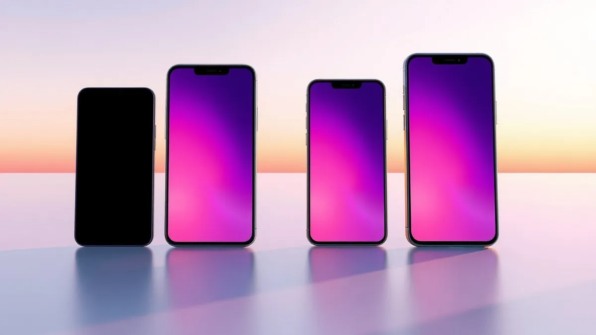 Illustration: Four smartphones lie side by side on a sleek surface, showcasing varying screen qualities.