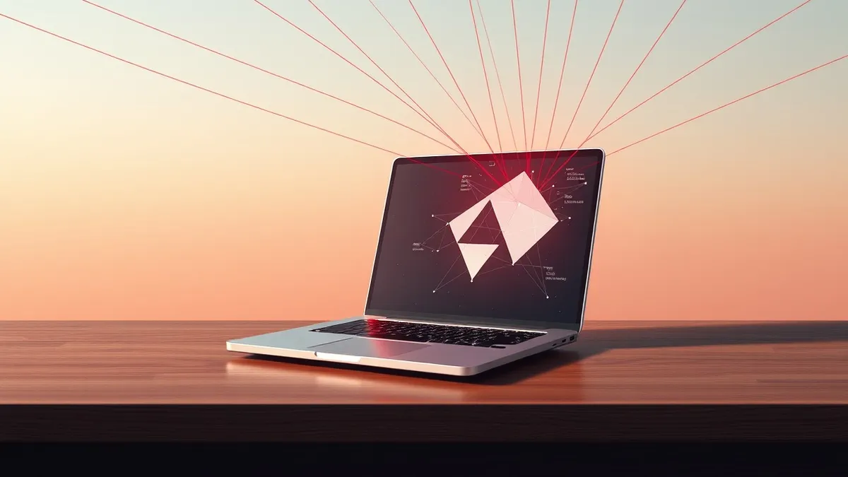 Illustration: A sleek silver laptop sits open on a wooden desk, its screen glowing with abstract geometric shapes that suggest encrypted data streams.