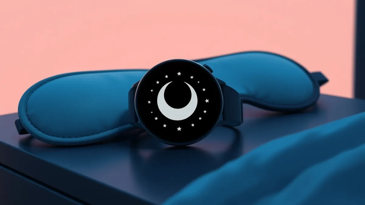 Illustration: A round smartwatch rests on a dark nightstand beside a sleeping mask.