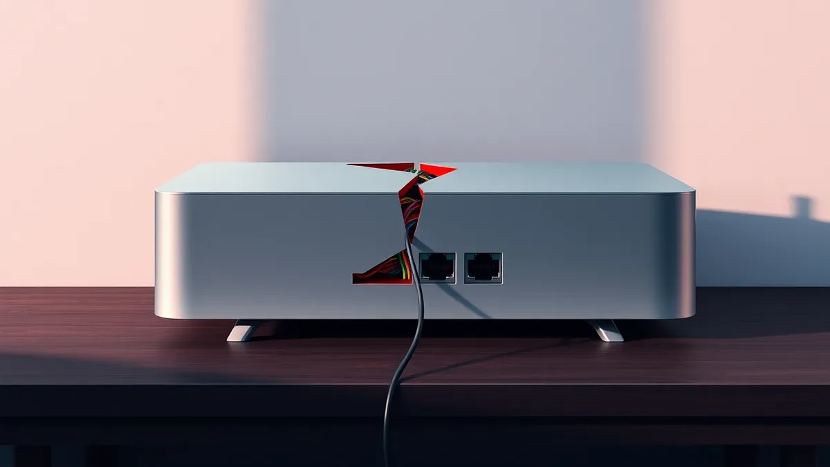 Illustration: A sleek silver network router sits on a dark wooden desk.