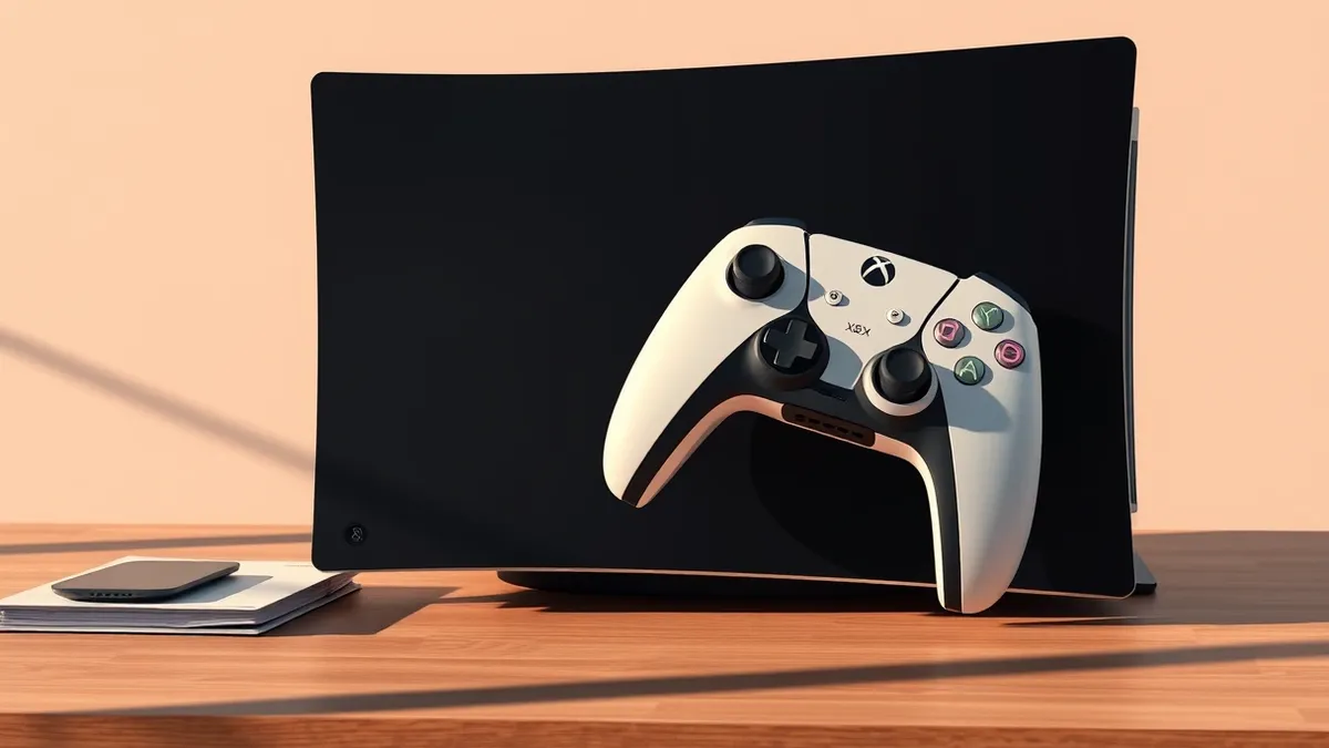 Illustration: A black PlayStation 5 console sits on a wooden desk with its disc drive open and casing removed to reveal internal circuitry.