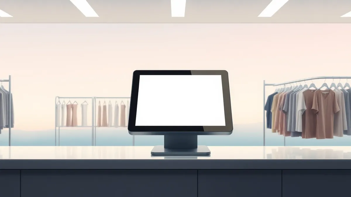 Illustration: A sleek retail point-of-sale terminal sits silent on a polished counter, its blank screen reflecting the overhead lights.