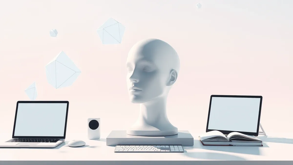 Illustration: A sleek white mannequin head sits on a desk, surrounded by floating translucent geometric shapes that mimic thought patterns.