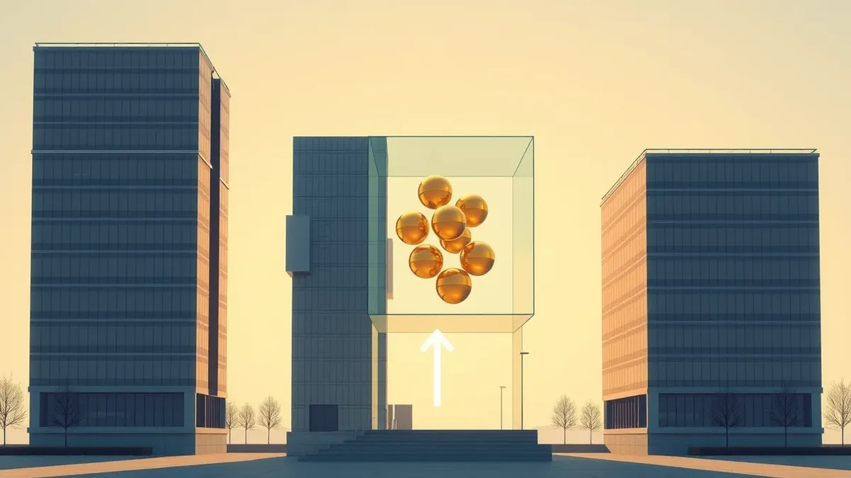 Illustration: A sleek, modern office building stands under a clear sky, with a transparent glass box attached to its side.