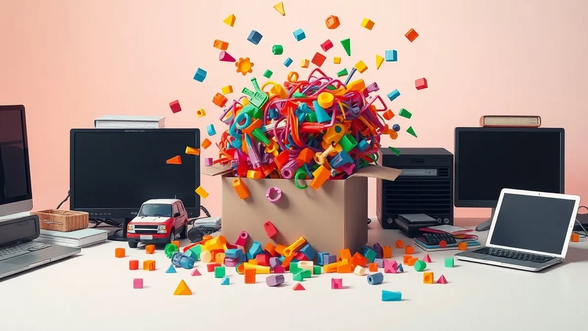 Illustration: A tangled knot of colorful plastic shapes spills from an open box onto a cluttered desk.