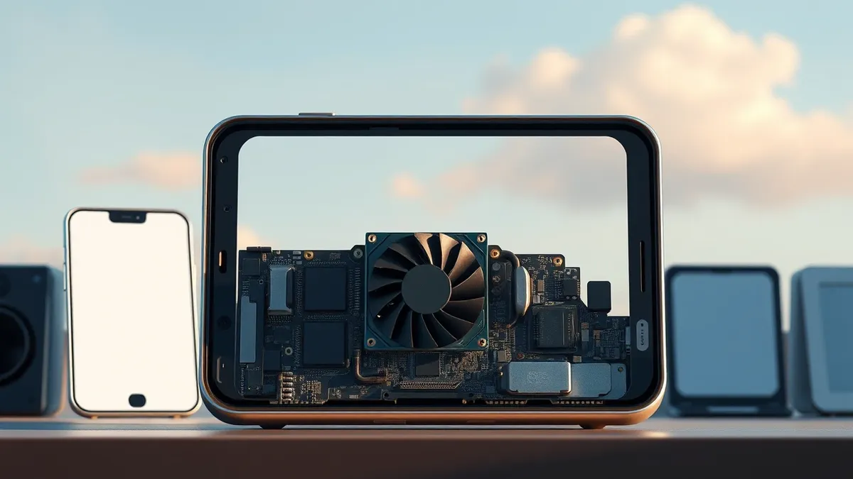 Illustration: A sleek smartphone disassembled on a workbench reveals a tiny, intricate cooling fan mounted directly inside the chassis next to the processor, demonstrating how inte
