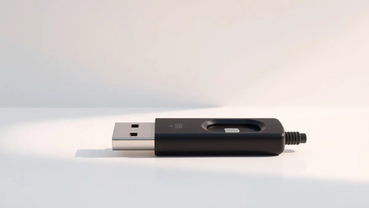 Illustration: A standard black USB flash drive rests on a clean white desk surface.