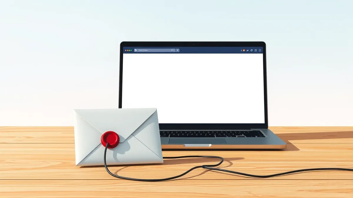 Illustration: A single white envelope with a red wax seal rests on a clean wooden desk next to an open laptop displaying a blank email client interface, while a loose wire snakes f
