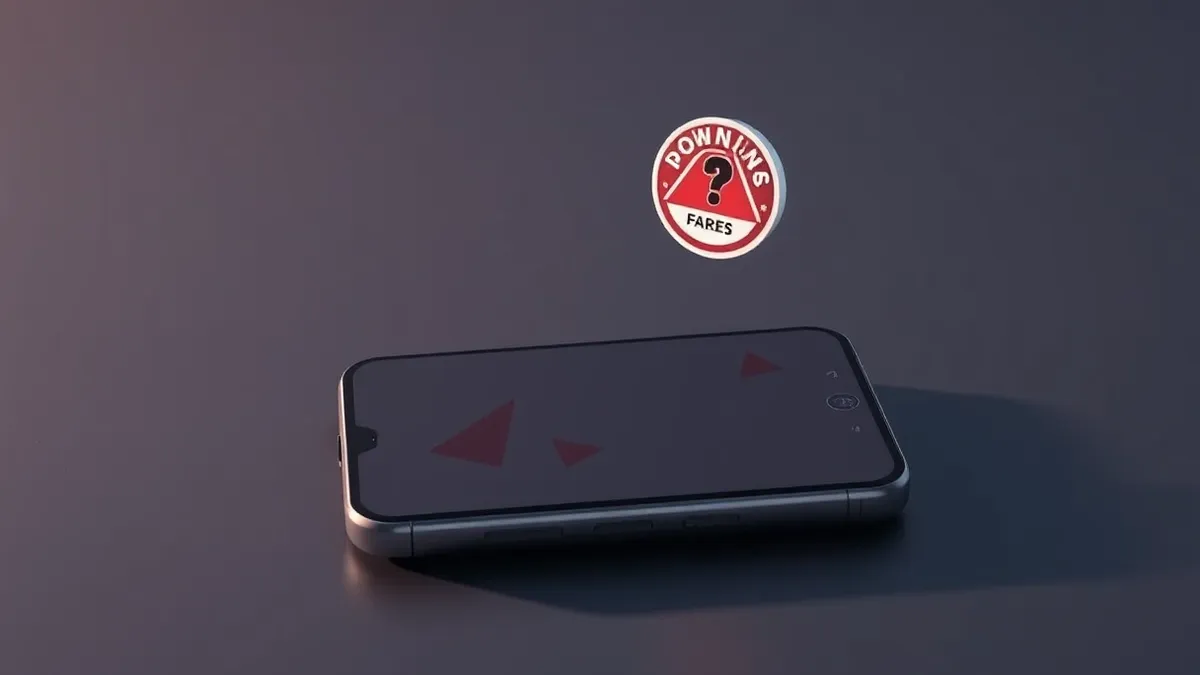 Illustration: A generic smartphone rests on a dark surface, its blank screen reflecting abstract red warning shapes.