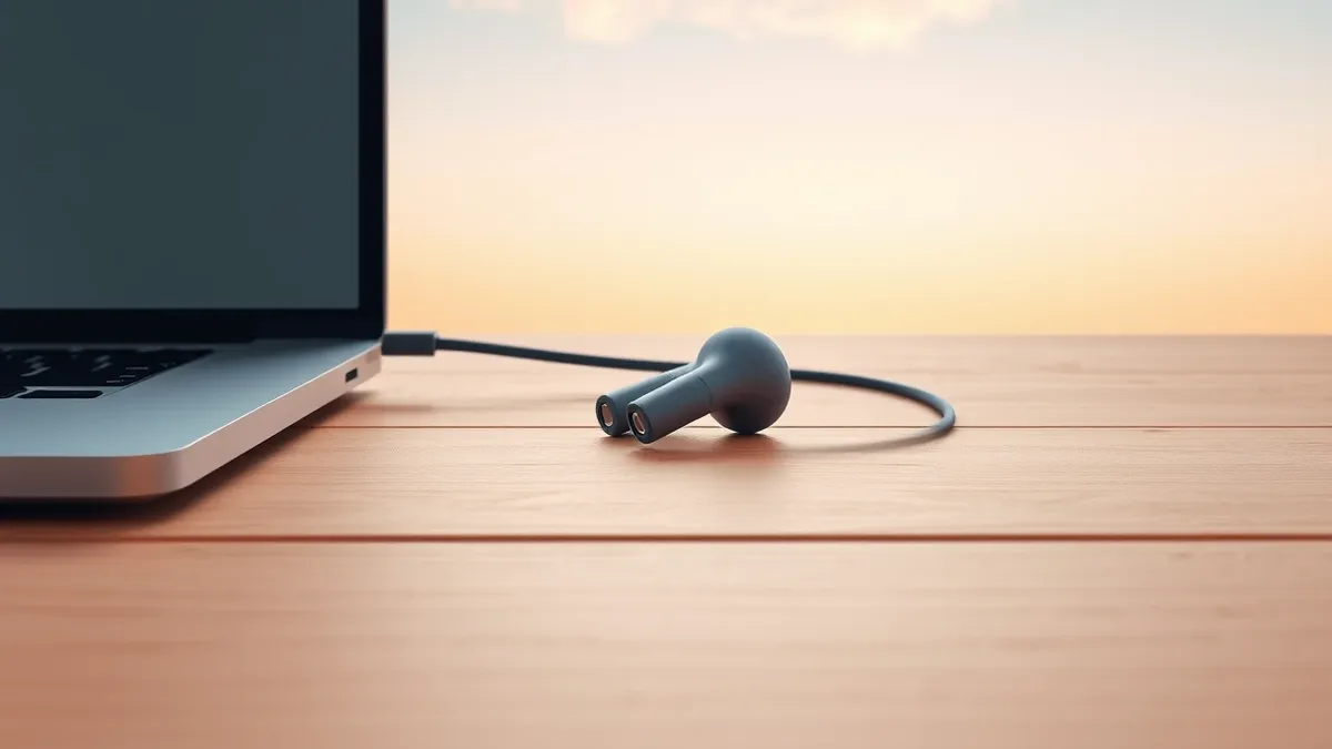 Illustration: A pair of sleek wired earbuds sits on a clean wooden surface, connected directly to a laptop port via a USB-C cable.