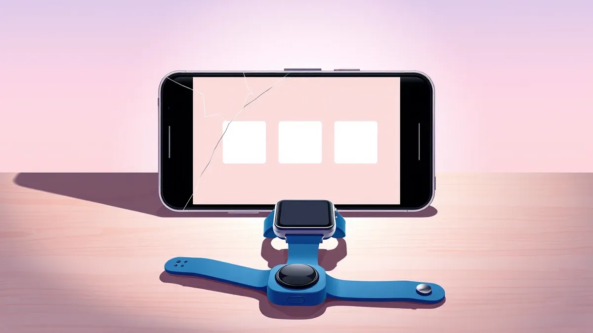 Illustration: A cracked smartphone screen displays three blank game icon squares in a row.