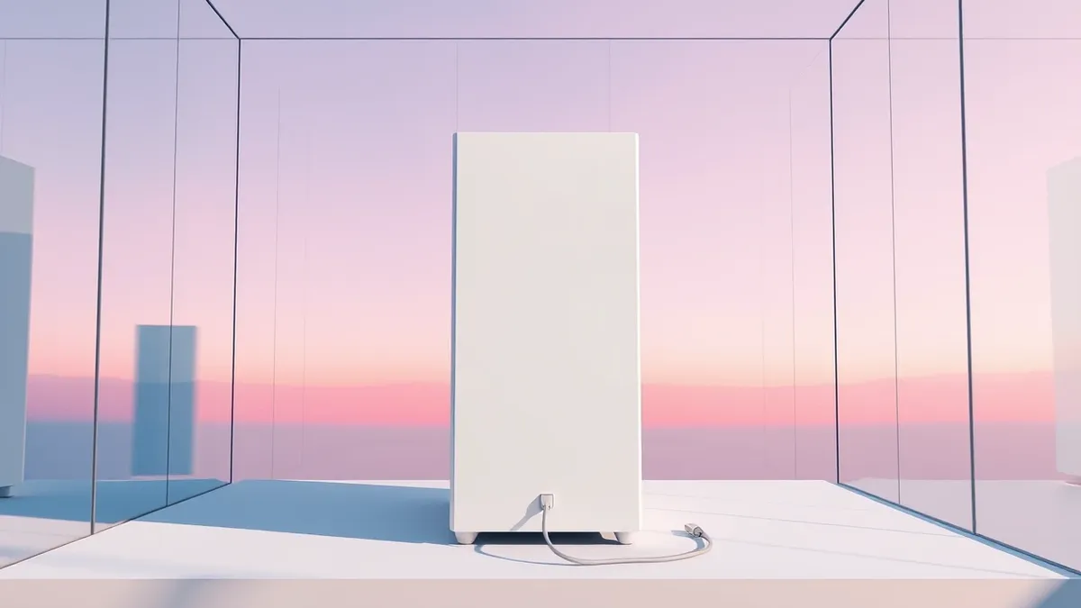 Illustration: A sleek white server tower sits on a clean desk, its front panel glowing with soft blue LEDs.