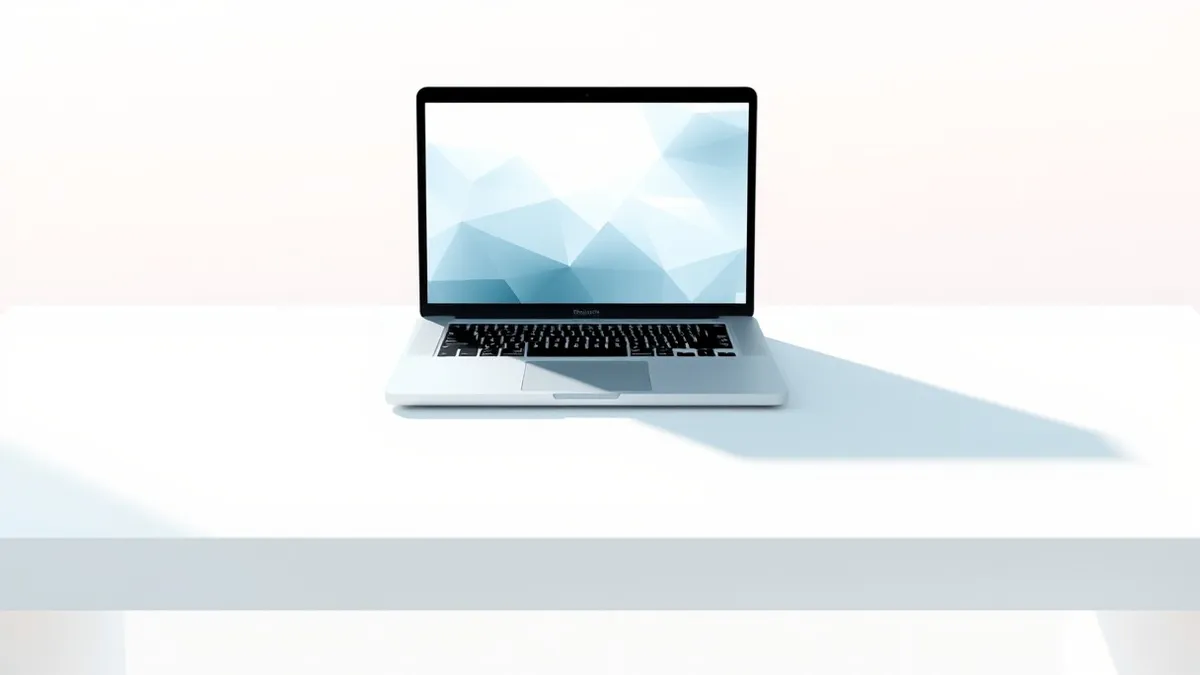 Illustration: A silver laptop rests on a clean white desk with its lid open.