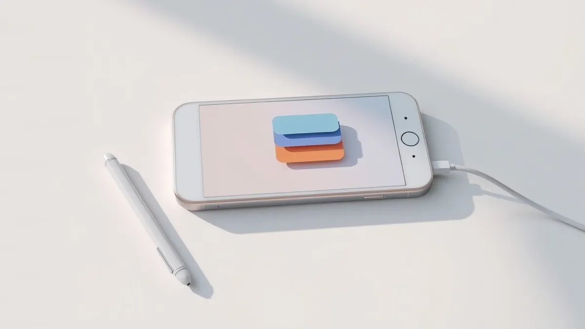 Illustration: A white smartphone rests on a clean desk next to a stylus and a charging cable.