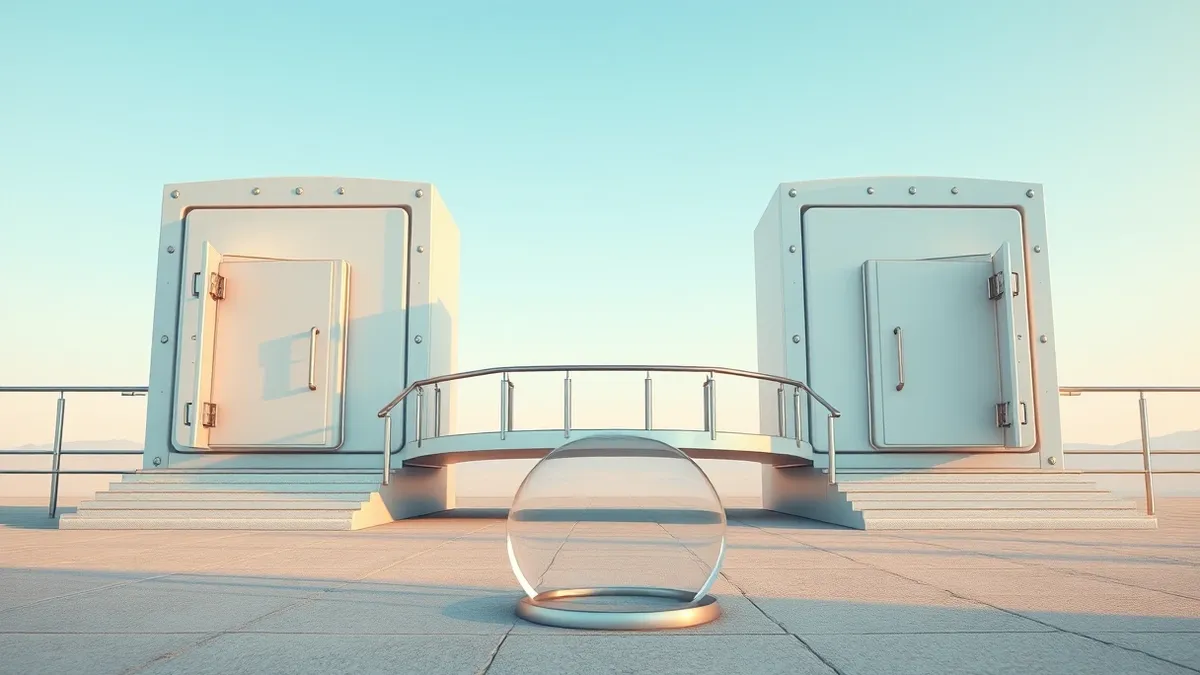Illustration: A polished metal bridge spans between two large digital identity vaults, allowing symmetrical flow of abstract data particles in both directions.