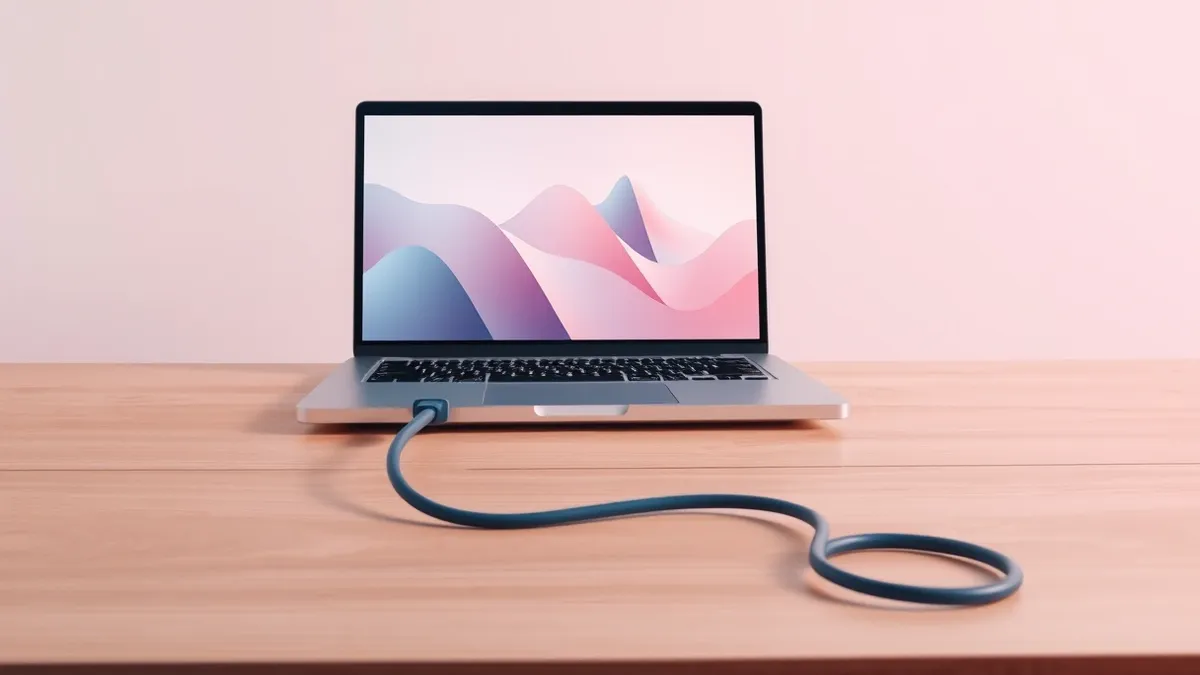 Illustration: A sleek laptop sits on a wooden desk with a dark blue cable unplugged from its port and lying loosely beside it.
