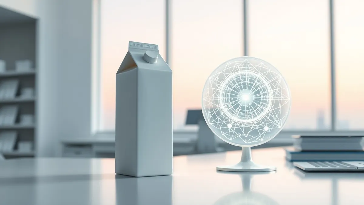 Illustration: A sleek white milk carton sits next to a glowing abstract neural network sphere on a sterile laboratory table, highlighting the stark contrast between tangible dairy