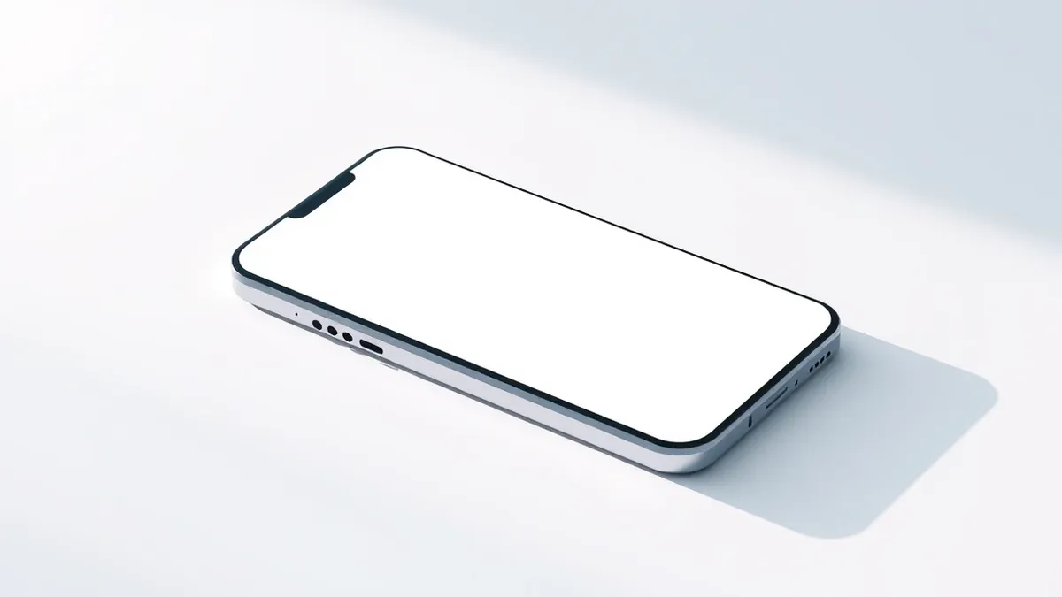 Illustration: A modern smartphone lies on a clean desk with its screen displaying a blank white interface overlaid with subtle structural grid lines.