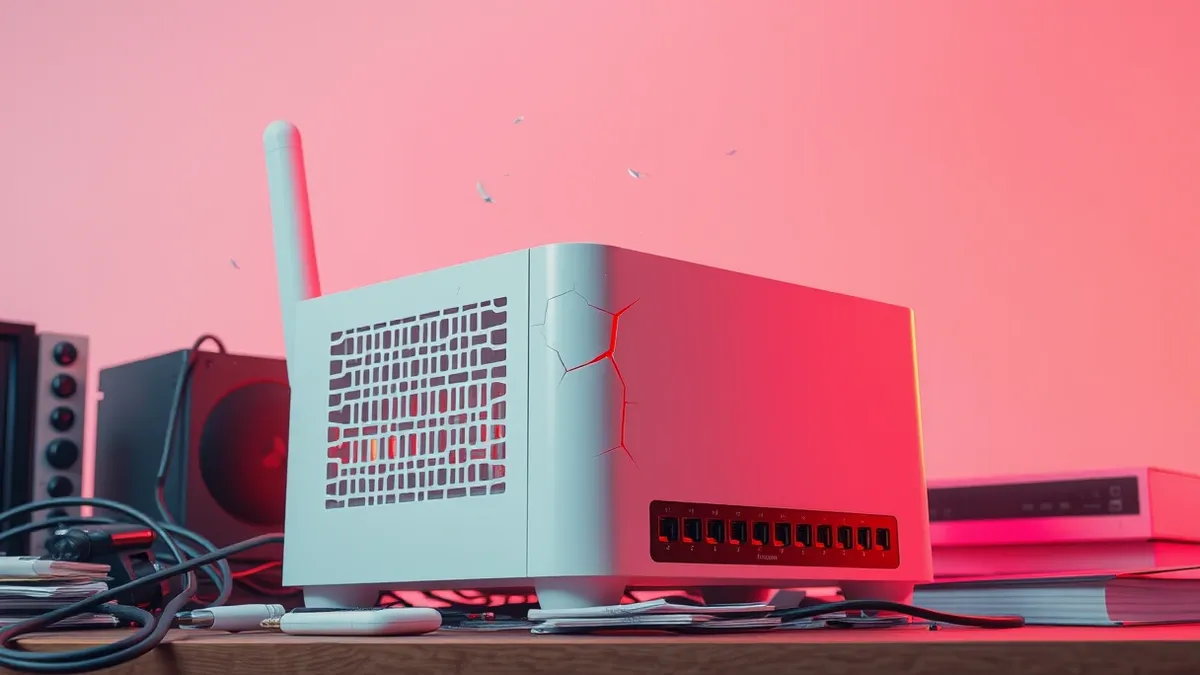 Illustration: A white desktop router sits on a cluttered desk.