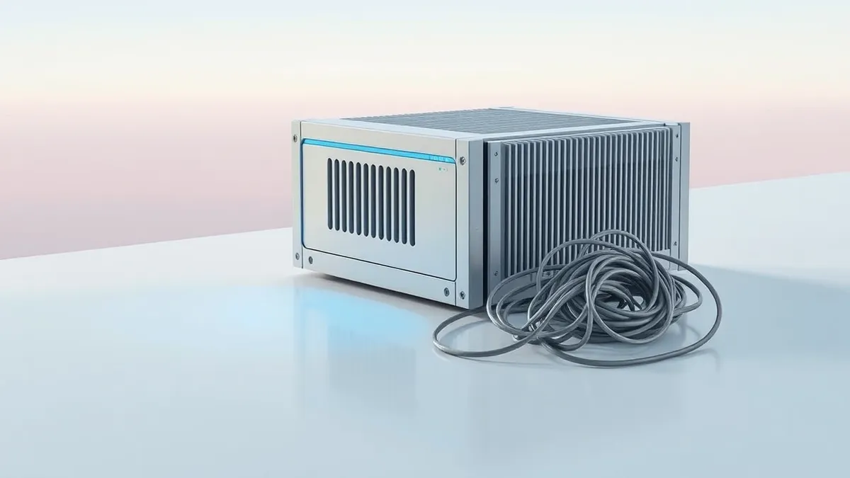 Illustration: A sleek, metallic AI processing unit rests on a clean white table, its vents glowing with soft blue light.