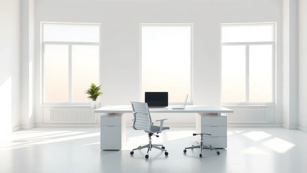 Illustration: A sleek white training desk sits in a bright minimalist room.